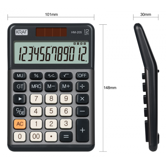 KRAF HESAP MAKİNESİ MASAÜSTÜ 12 HANE HM-205 GY KOYU GRİ