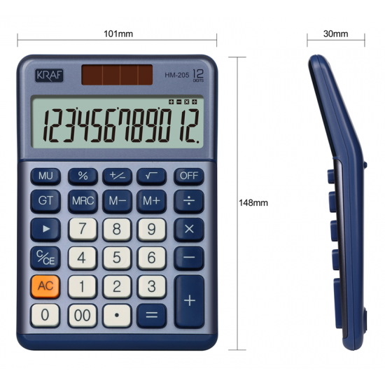 KRAF HESAP MAKİNESİ MASAÜSTÜ 12 HANE HM-205 BL MAVİ