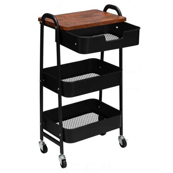 KRAF RAF ÜNİTESİ TEKERLEKLİ METAL 3 KATLI 495G SİYAH (ÇEKMECELİ)