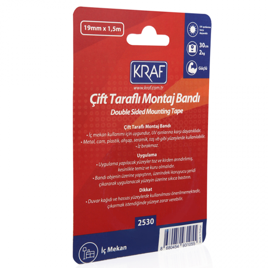 KRAF MONTAJ BANDI ÇİFT TARAFLI İÇ MEKAN 19mm x 1,5m 2530G KRAF MONTAJ BANDI ÇİFT TARAFLI İÇ MEKAN 19mm x 1,5m 2530G